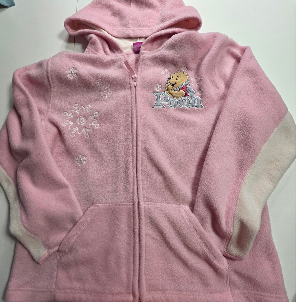 Disney Pooh Fleece Hooded Jacket Pink Embroidered Zip Up‎ Women Large 11/13